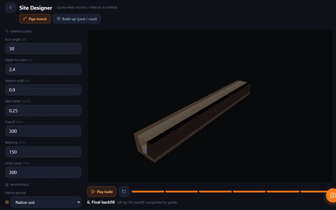 Site Designer: quote-ready trench sections with a 3D build preview