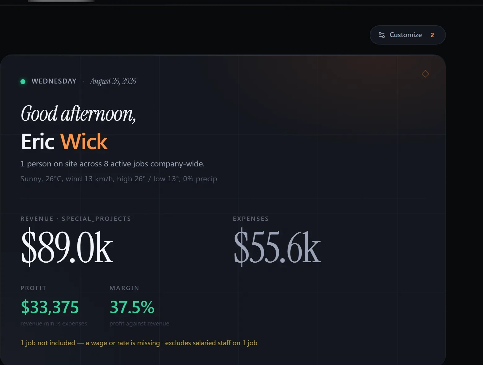 Operations dashboard showing live revenue, expenses, profit and margin for one division